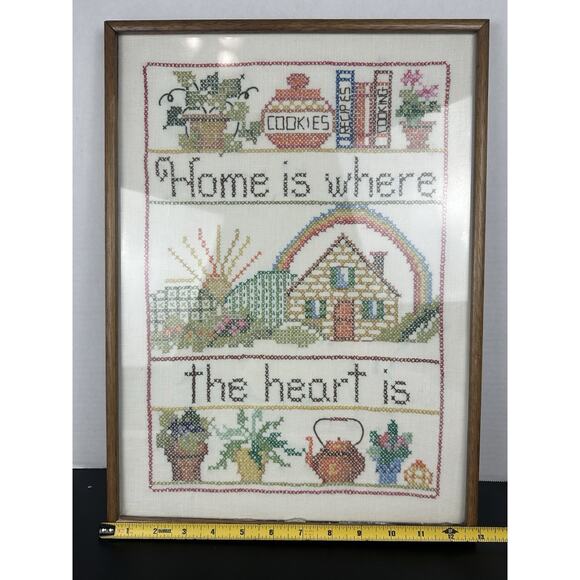 Vintage Framed Cross Stitch Embroidery Home is Where the Heart Is Retro - Picture 6 of 8